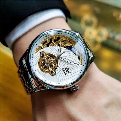 SEWOR Montre Mécanique Automatique Homme Squelette Tourbillon Lumineux Phase de Lune Étanche Affaires Vintage Alliage Montre
