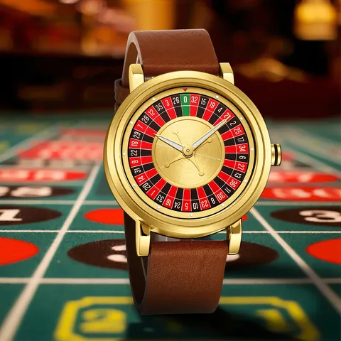 Montre à Quartz Roulette pour Homme Design Créatif Spinner de Casino Boîtier Doré Bracelet en Cuir Montre-Bracelet Tendance
