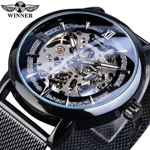 Montre Mécanique Squelette Winner pour Homme Bracelet en Maille d'Acier Inoxydable Aiguilles Lumineuses Montre-Bracelet Automatique Business