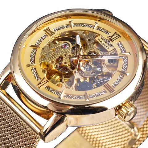 Montre Mécanique Squelette Winner pour Homme Bracelet en Maille d'Acier Inoxydable Aiguilles Lumineuses Montre-Bracelet Automatique Business