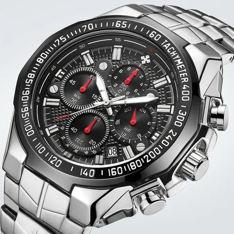 WWOOR Hommes Montre à Quartz de Sport Bracelet en Acier Inoxydable Chronographe Étanche Lumineux Tachymètre Montre