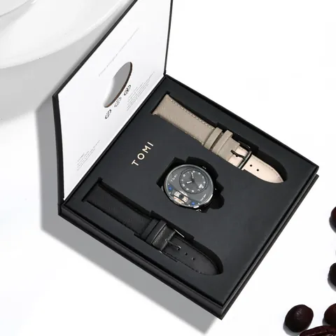 Coffret Montre à Quartz pour Homme avec Boîte Cadeau et Bracelet de Rechange Boîtier en Alliage Bracelet en Similicuir Montre