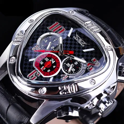 Men's Automatic Mechanical Watch Triangle Case Luxury Fashion Three-Eye Six-Hand Wristwatch Genuine Leather Strap Sport Clock