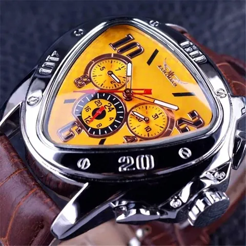 Men's Automatic Mechanical Watch Triangle Case Luxury Fashion Three-Eye Six-Hand Wristwatch Genuine Leather Strap Sport Clock