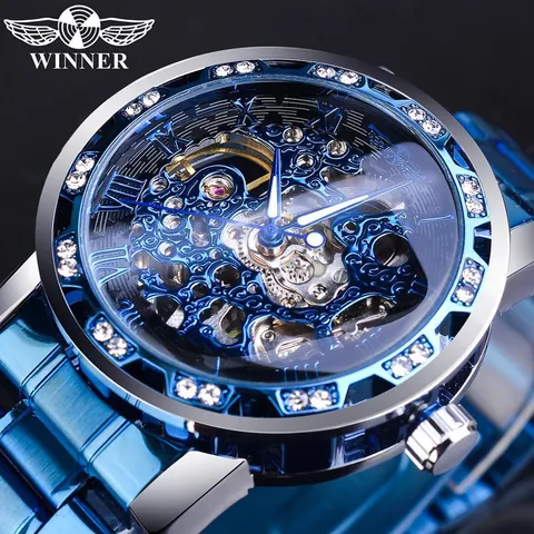 WINNER Montre Homme Mécanique Manuelle Squelette de Luxe Lunette en Strass Chiffres Romains Montre-Bracelet Mode Casual