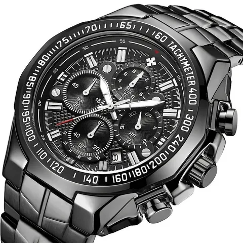 WWOOR Hommes Montre à Quartz de Sport Bracelet en Acier Inoxydable Chronographe Étanche Lumineux Tachymètre Montre