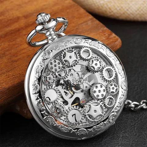 Montre de Gousset Mécanique Steampunk Vintage Engrenage Creux Flip Alliage Bronze Argent Pendentif Collier pour Hommes Femmes