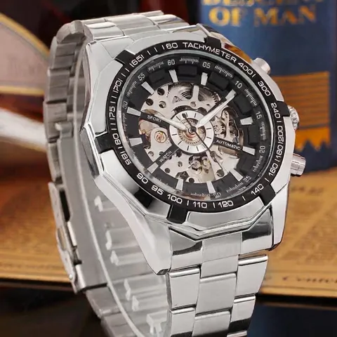 Reloj de Pulsera Mecánico Automático de Esqueleto Winner para Hombre Correa de Acero Inoxidable Impermeable de Lujo de Negocios