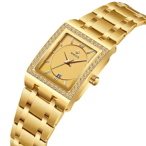 Montre à Quartz Carrée de Luxe WWOOR pour Femme Lunette en Strass Bracelet en Acier Inoxydable Étanche Affichage de la Date