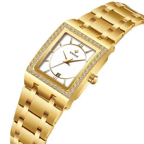 Montre à Quartz Carrée de Luxe WWOOR pour Femme Lunette en Strass Bracelet en Acier Inoxydable Étanche Affichage de la Date