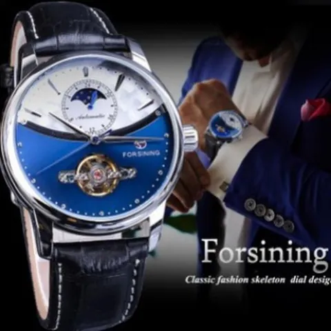 Montre Mécanique Automatique FORSINING pour Homme Phases de la Lune Volant Squelette Bracelet en Cuir Véritable Montre d'Affaires