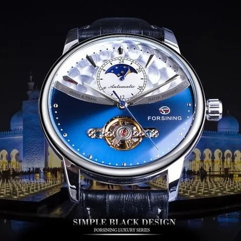 Montre Mécanique Automatique FORSINING pour Homme Phases de la Lune Volant Squelette Bracelet en Cuir Véritable Montre d'Affaires