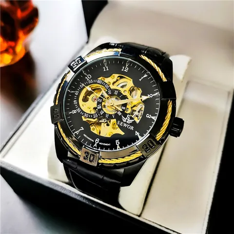 SEWOR Herren Automatik Mechanische Uhr Skelett Großes Zifferblatt Wasserdicht Leuchtend Echtes Lederarmband Luxus Sport Armbanduhr