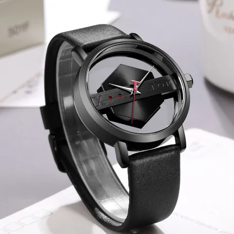 TOMI Reloj Transparente de Esqueleto de Lujo para Hombres Mujeres Moda Casual Minimalista Correa de Cuero Cuarzo Neutro