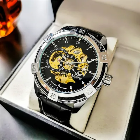 SEWOR Herren Automatik Mechanische Uhr Skelett Großes Zifferblatt Wasserdicht Leuchtend Echtes Lederarmband Luxus Sport Armbanduhr