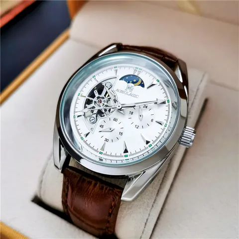 Heren Volautomatisch Mechanisch Horloge Skelet Hol Vliegwiel Maanfase Lichtgevend Waterdicht Zakelijke Mode Leren Band Polshorloge