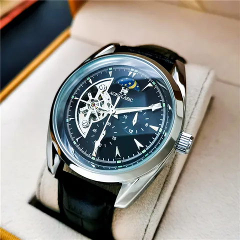 Heren Volautomatisch Mechanisch Horloge Skelet Hol Vliegwiel Maanfase Lichtgevend Waterdicht Zakelijke Mode Leren Band Polshorloge