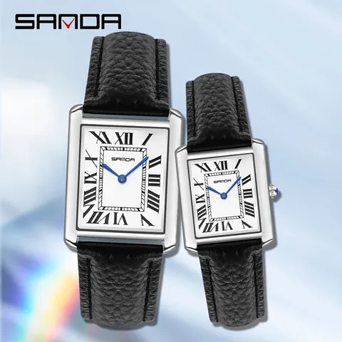 SANDA Rectangular Quartz Watch Roman Numerals Water Resistant Couple Fashion Wristwatch Leather Stainless Steel Analog Watch