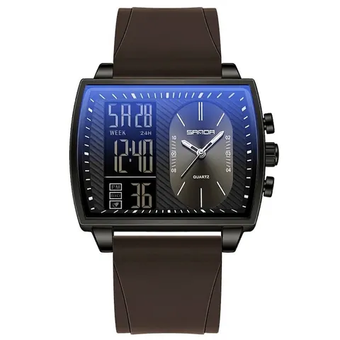 SANDA Montre de Sport pour Homme Grand Cadran Carré Double Affichage Quartz Numérique Étanche Bracelet en Silicone Affaires