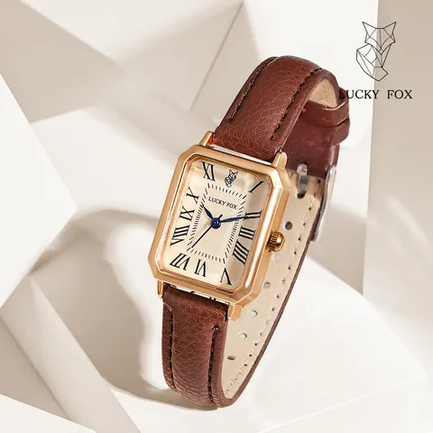 LUCKYFOX Women Vintage Rectangular Quartz Watch Elegant Faux Leather Strap Roman Numerals Small Dial Casual Ladies Watch