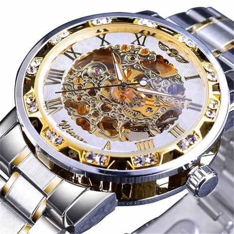 Winner Skeleton Mechanical Watch For Men Alloy Case Rhinestone Bezel Stainless Steel Band Casual Luxury Business Wristwatch