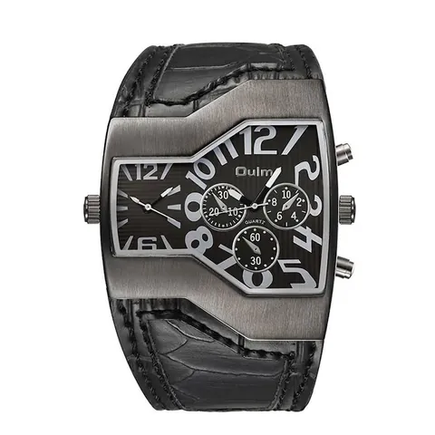 Orologio al Quarzo Personalizzato da Uomo Doppio Fuso Orario Quadrante Grande Cinturino in Pelle Stile Steampunk Industriale Analogico
