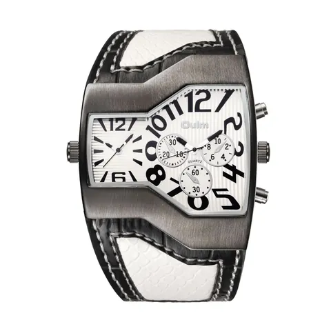 Oulm Mens Large Irregular Case Dual Time Zone Quartz Watch With Alloy Case And Leather Strap Industrial Casual Sport