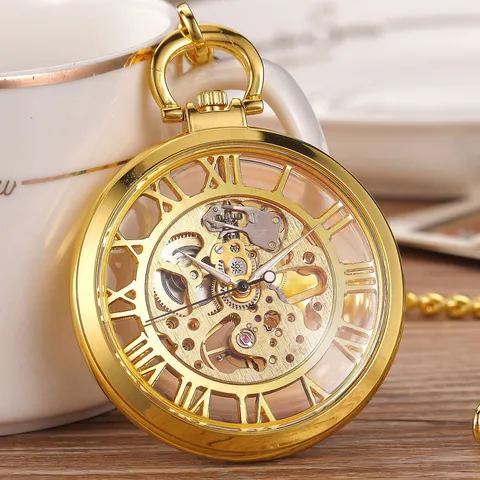 Grande Montre à Gousset Mécanique Squelette Remontage Manuel Chiffres Romains Style Rétro Antique Alliage Montre pour Homme Femme