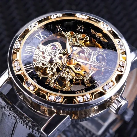 T-Winner Montre Mécanique Manuelle Squelette pour Hommes Luxe Strass Business Casual Montre-Bracelet Avec Bracelet en Similicuir