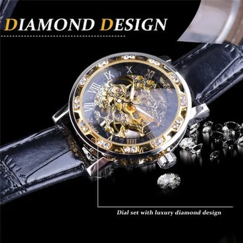 T-Winner Montre Mécanique Manuelle Squelette pour Hommes Luxe Strass Business Casual Montre-Bracelet Avec Bracelet en Similicuir