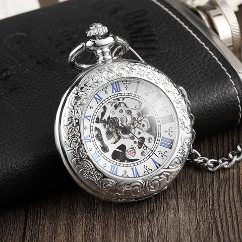 Vintage Silver Mechanical Pocket Watch Skeleton Roman Numerals Flip Cover Titanium Alloy Engraved Pendant Watch Men Jewelry