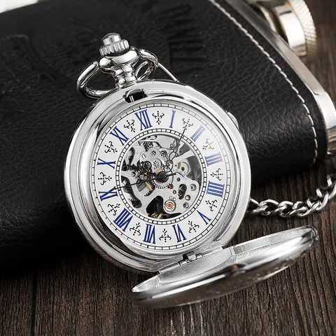Vintage Silver Mechanical Pocket Watch Skeleton Roman Numerals Flip Cover Titanium Alloy Engraved Pendant Watch Men Jewelry