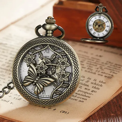 Montre de Poche Mécanique en Bronze Vintage Papillon Libellule Fleurs Gravées Cadran à Chiffres Romains pour Homme Femme Cadeau