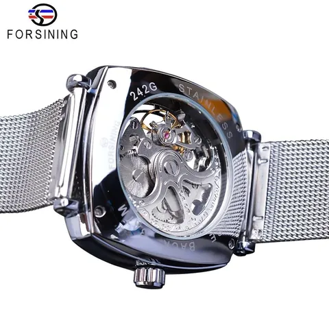 Montre Mécanique Automatique pour Homme Forsining Cadran Squelette Aiguilles Bleues Bracelet en Maille d'Acier Inoxydable Boîtier en Alliage Montre-Bracelet Business