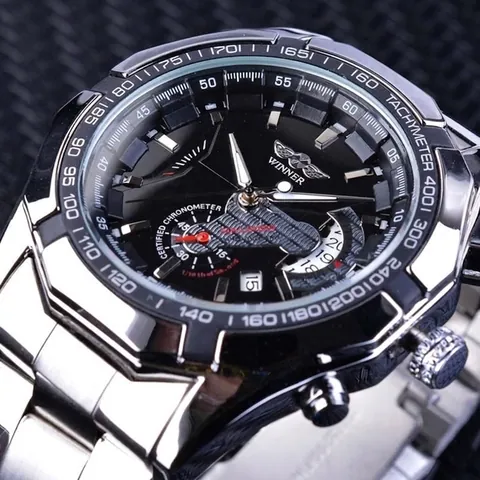 WINNER Montre Mécanique Automatique pour Homme Cadran Squelette Calendrier Lumineux Mode Affaires Montre en Acier Inoxydable