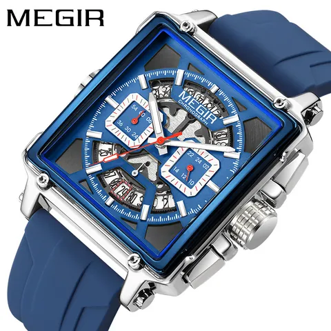 MEGIR Men Fashion Square Quartz Watch Chronograph Luminous Waterproof Sport Wristwatch With Silicone Strap Vintage Style Male Gift