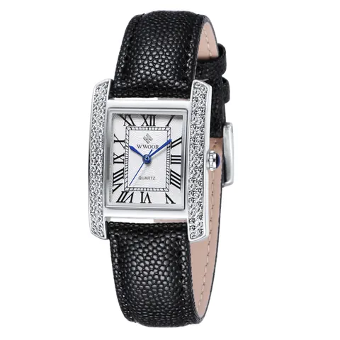 Montre à Quartz WWOOR pour Femmes Boîtier Rectangulaire en Alliage Incrustation de Strass Bracelet en Cuir Véritable Étanche Chiffres Romains