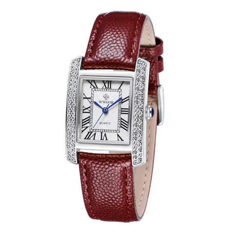 Montre à Quartz WWOOR pour Femmes Boîtier Rectangulaire en Alliage Incrustation de Strass Bracelet en Cuir Véritable Étanche Chiffres Romains