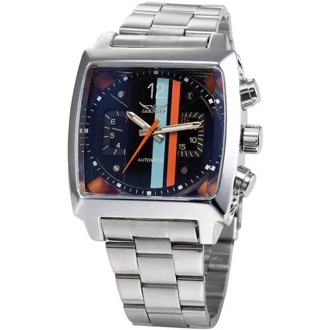 Reloj Mecánico Automático Jaragar para Hombre Caja Cuadrada Correa de Acero Inoxidable Pantalla de Fecha Esfera a Rayas Negocios