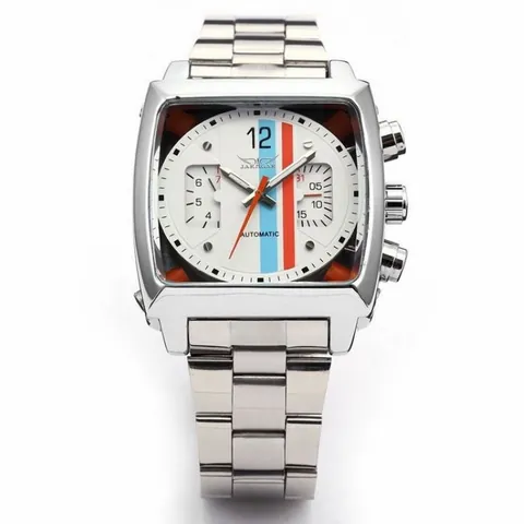 Reloj Mecánico Automático Jaragar para Hombre Caja Cuadrada Correa de Acero Inoxidable Pantalla de Fecha Esfera a Rayas Negocios