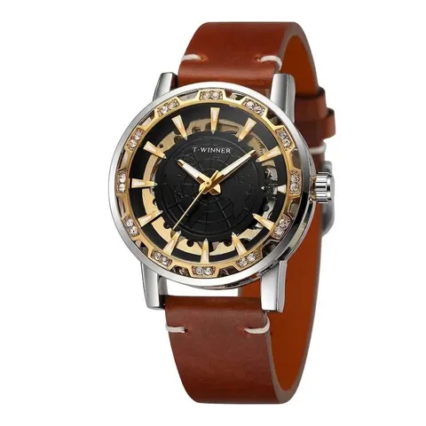 T-Winner Skeleton Mechanical Watch For Men Fashion Rhinestone Bezel World Map Pattern Leather Strap Manual Wind Business Wristwatch