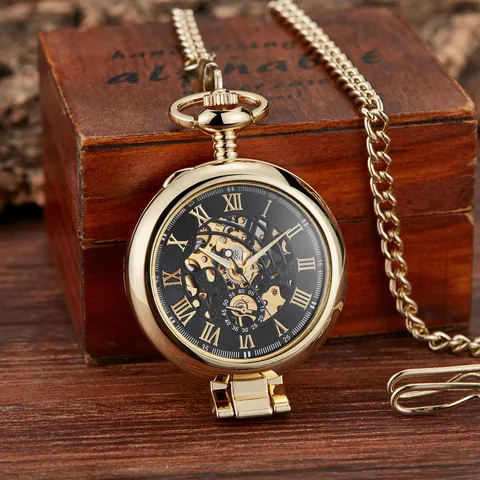Montre à Gousset Mécanique Squelette Rétro Homme Femme Chiffres Romains Couvercle Loupe Gravé Alliage Montre Pendentif