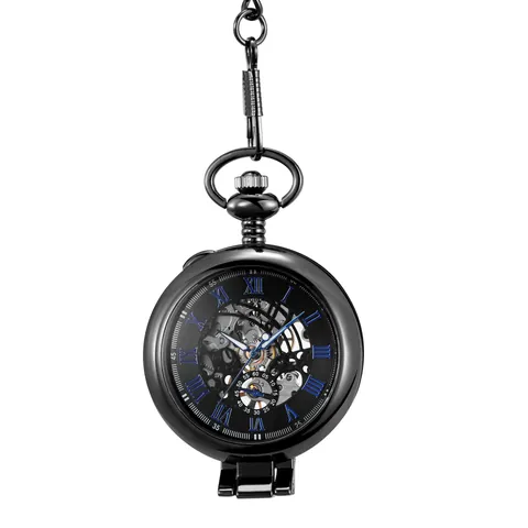 Montre à Gousset Mécanique Squelette Rétro Homme Femme Chiffres Romains Couvercle Loupe Gravé Alliage Montre Pendentif