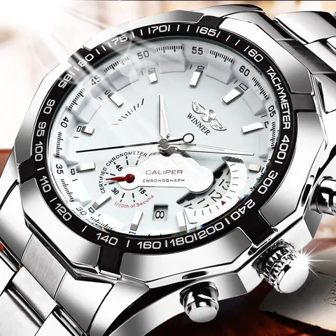 WINNER Montre Mécanique Automatique pour Homme Cadran Squelette Calendrier Lumineux Mode Affaires Montre en Acier Inoxydable