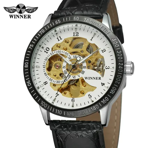 T-WINNER Luxury Skeleton Automatic Mechanical Watch Men Women Hollow Round Dial Leather Stainless Steel Wristwatch With Tachymeter