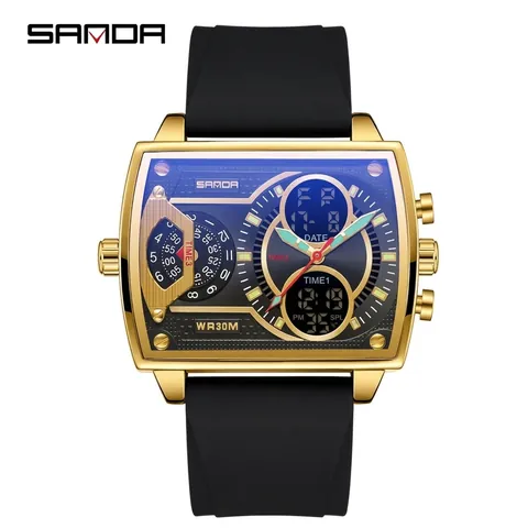 SANDA Montre de Sport pour Homme Grande Caisse Carrée en Alliage de Zinc Triple Fuseau Horaire Résistant à l'Eau Cadran Lumineux