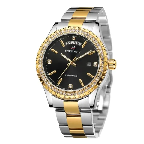 Montre Mécanique Automatique pour Hommes Luxe Lunette en Strass Fonction Jour Date Alliage Acier Inoxydable Montre-Bracelet Business