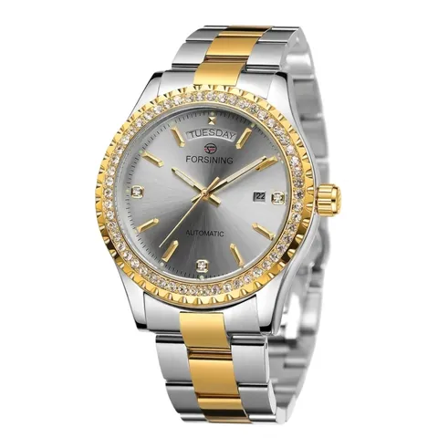 Montre Mécanique Automatique pour Hommes Luxe Lunette en Strass Fonction Jour Date Alliage Acier Inoxydable Montre-Bracelet Business