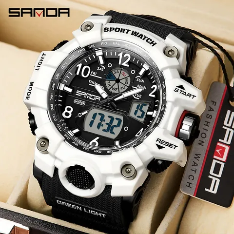 SANDA Montre Électronique de Sport à Double Affichage Étanche LED Lumineux Alarme Militaire Tactique Montre pour Homme