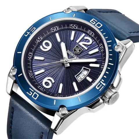 BENYAR Montre à Quartz Sportive pour Hommes Étanche Lumineuse Calendrier Bracelet en Cuir Véritable Montre-Bracelet Business 5166
